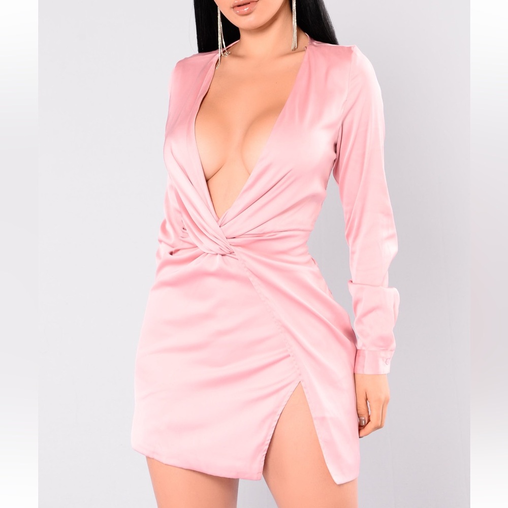 Fashion Nova dress. Deep V-cut. Satin pink mini dress. Size small. Worn once!